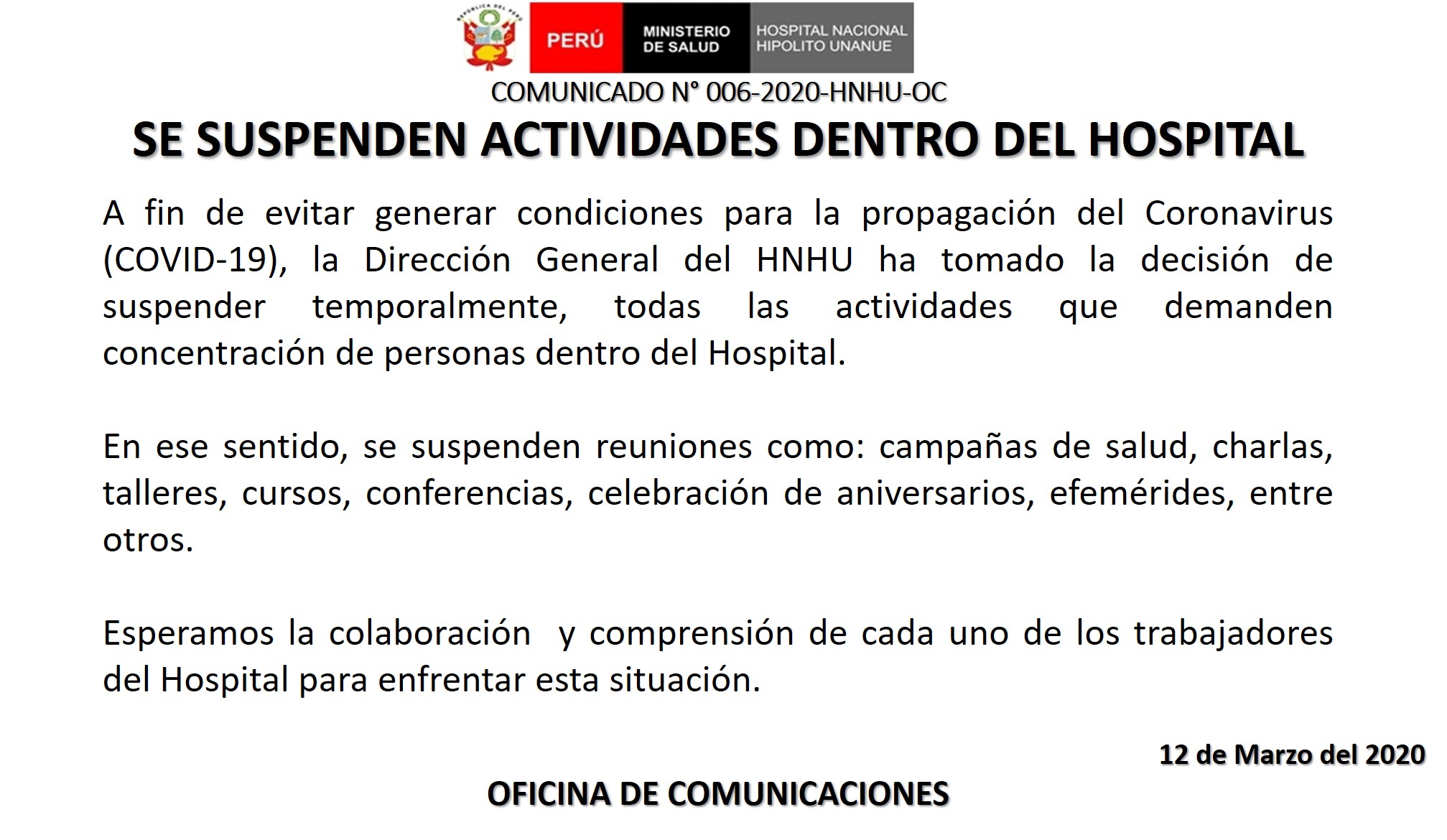 COMUNICADO SUSPENSION DE ACTIVIDADES - Hospital Nacional Hipólito Unanue